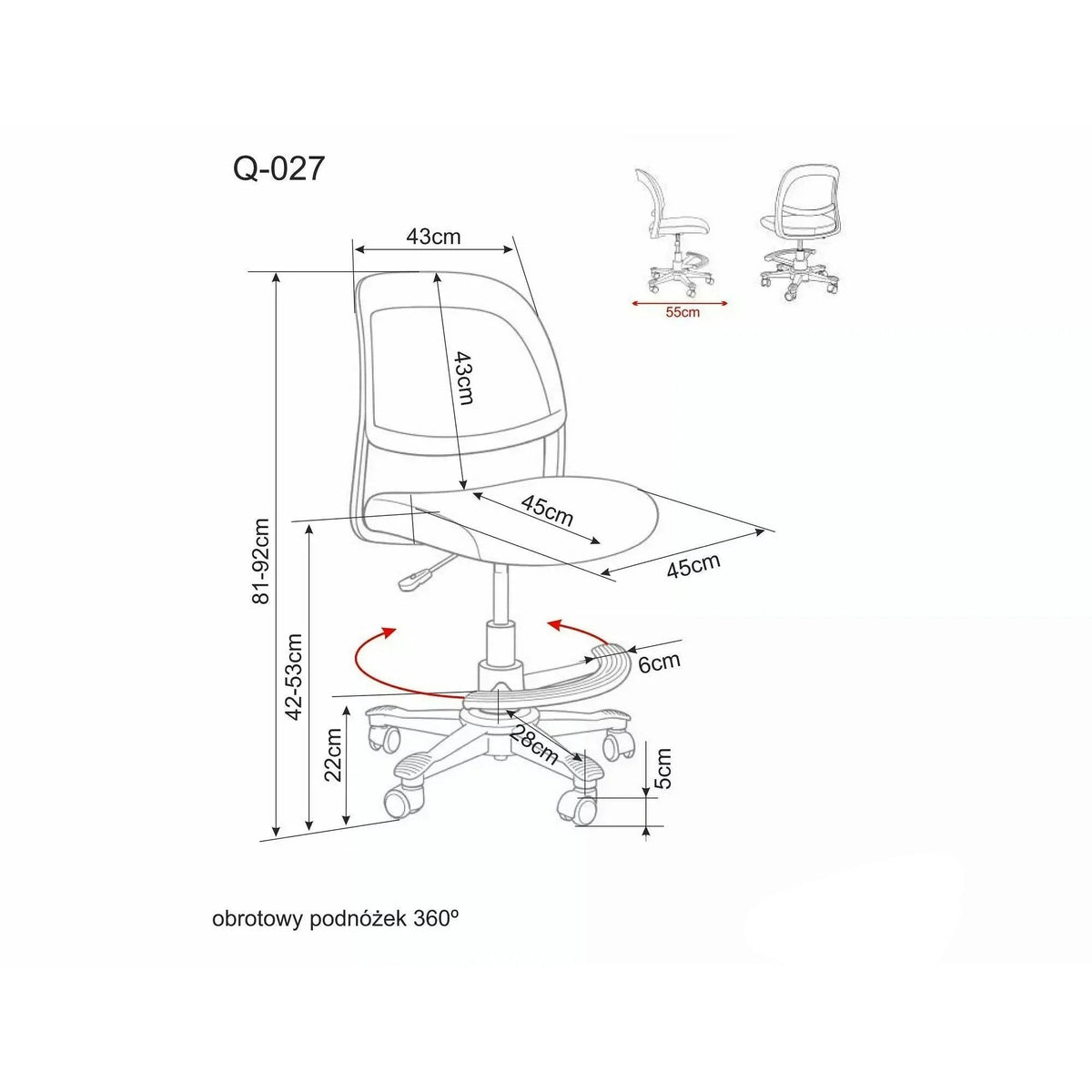 Scaun de birou Q-027 – schiță cu dimensiuni