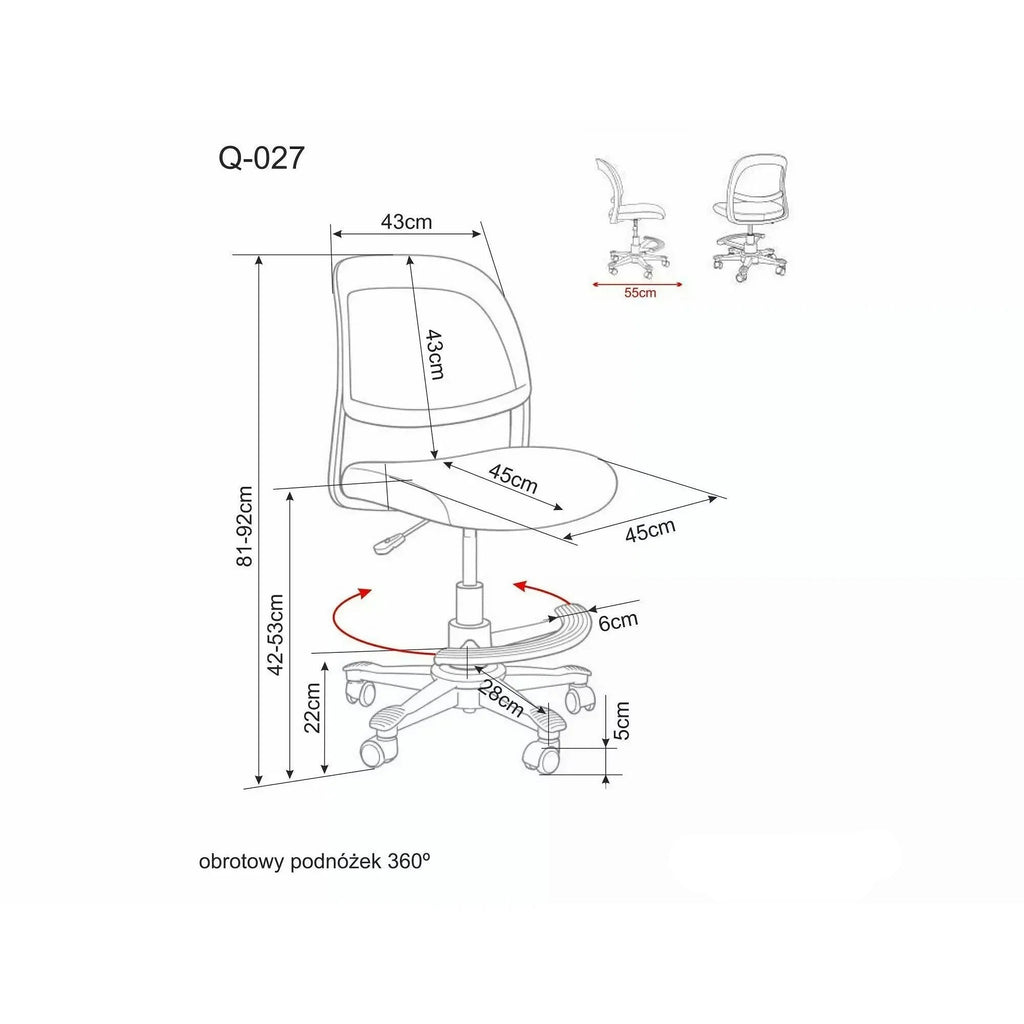 Scaun de birou Q-027 – schiță cu dimensiuni