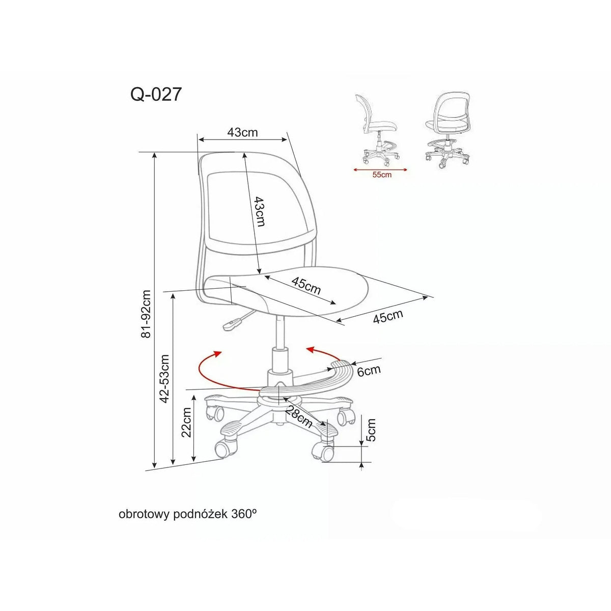 Scaun de birou Q-027 – schiță cu dimensiuni