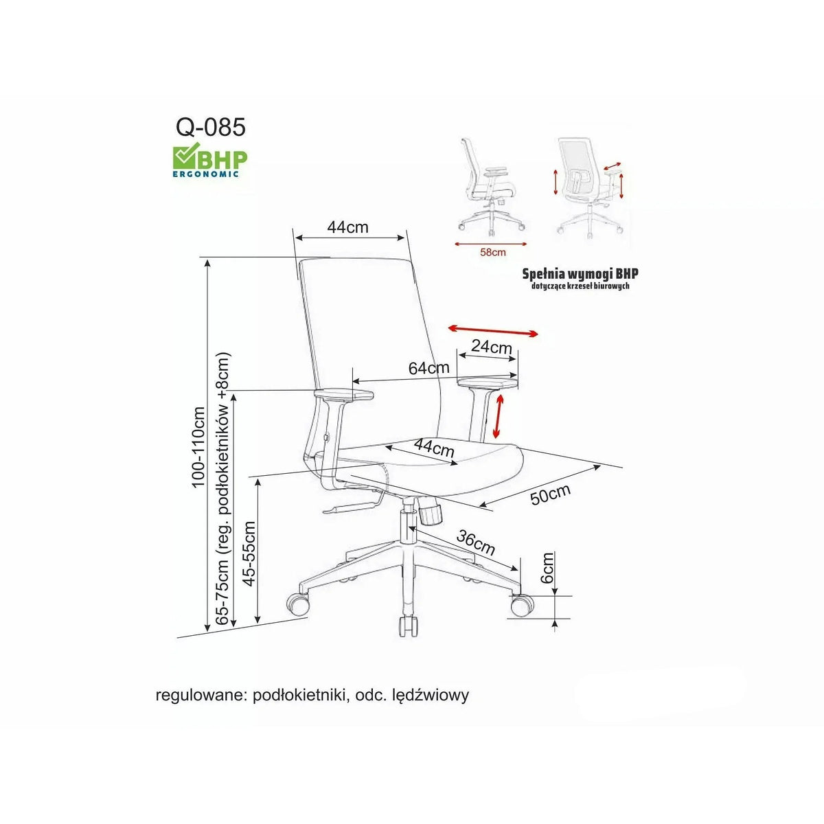 Scaun de birou Q-085 – schiță cu dimensiuni