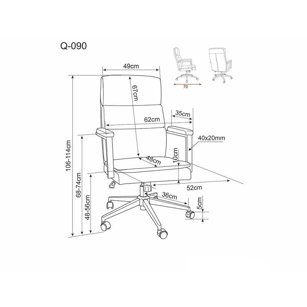Scaun de birou Q-090 – schiță cu dimensiuni