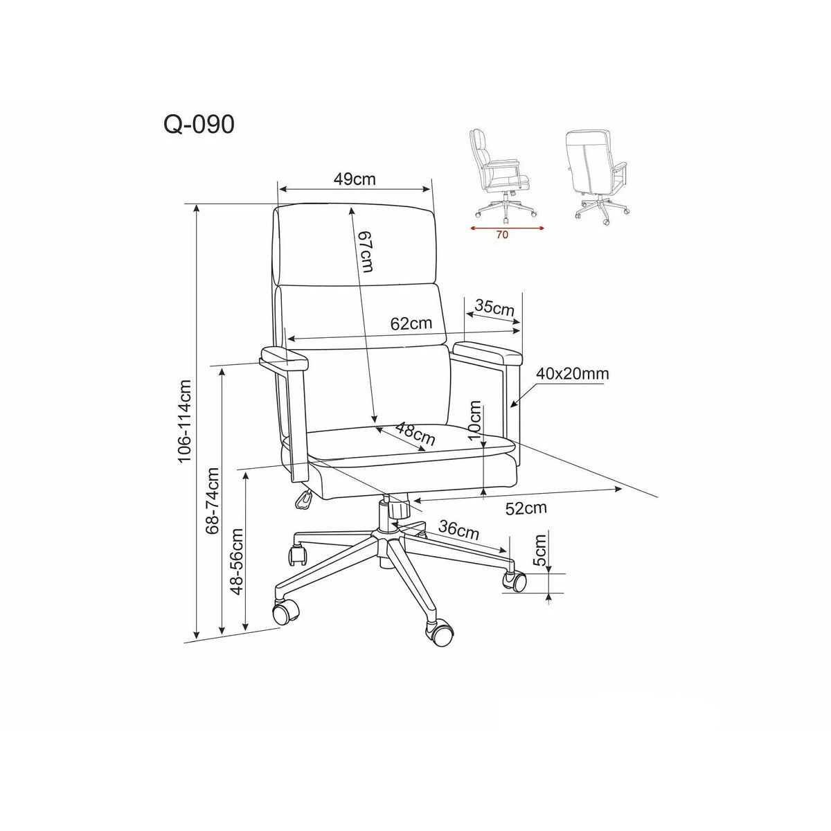 Scaun de birou Q-090 – schiță cu dimensiuni