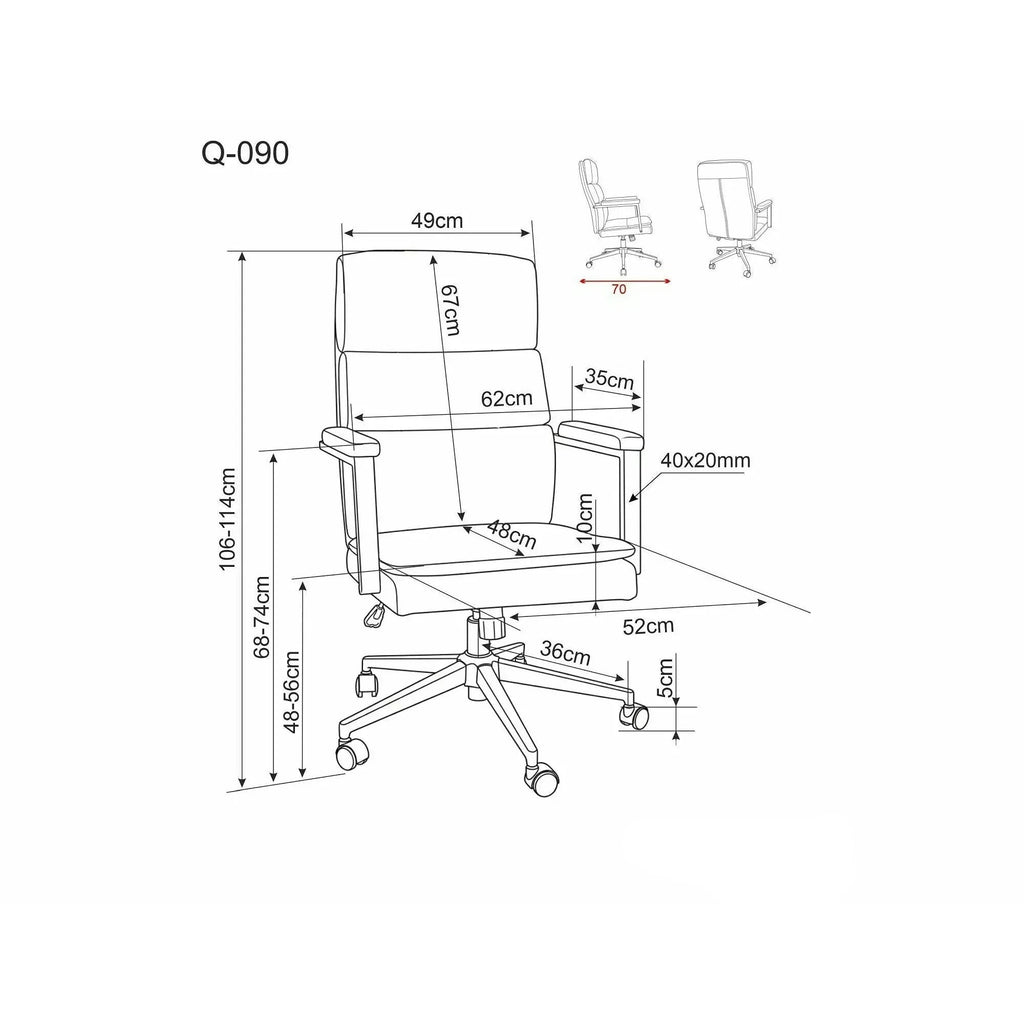 Scaun de birou Q-090 – schiță cu dimensiuni
