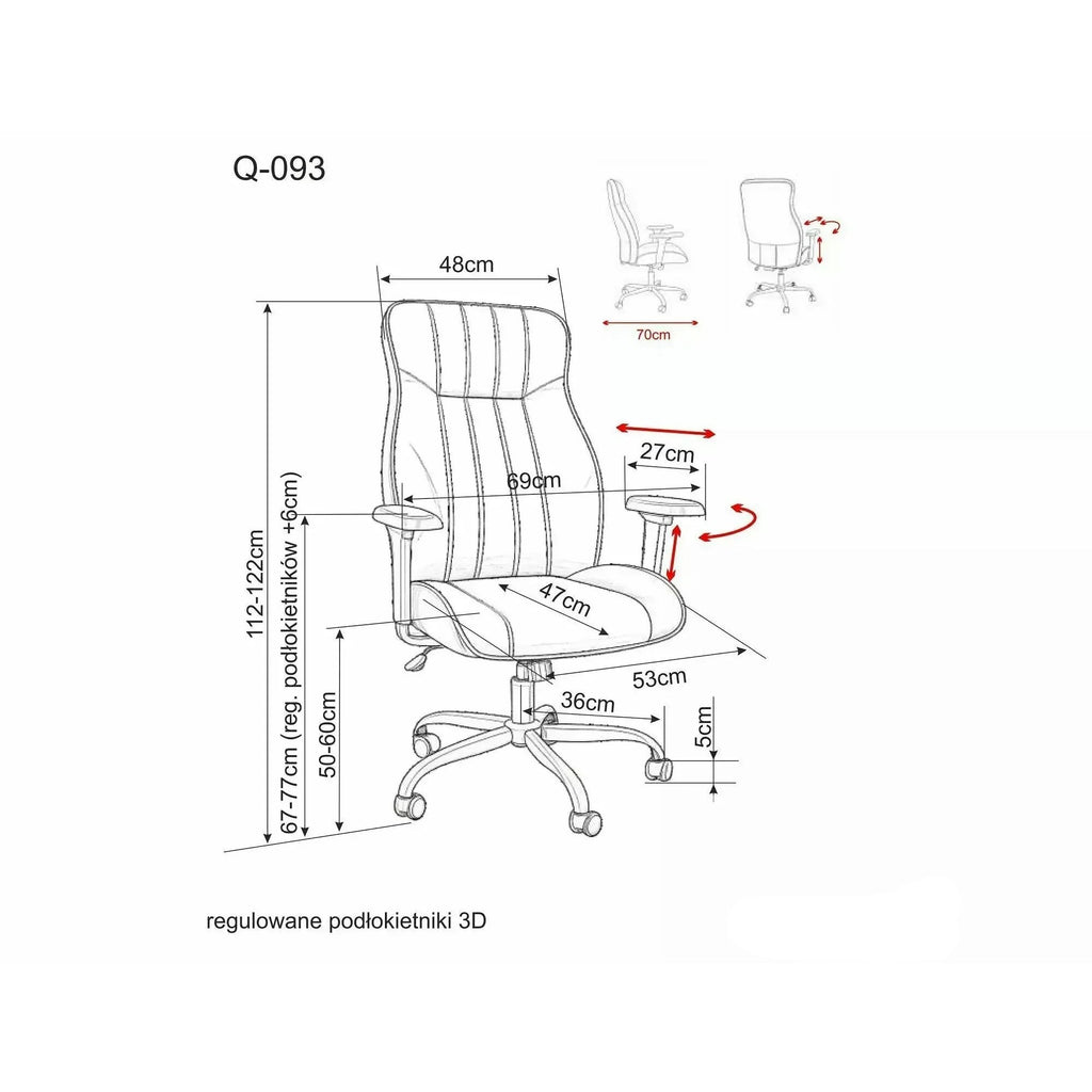 Scaun de birou Q-093 – schiță cu dimensiuni