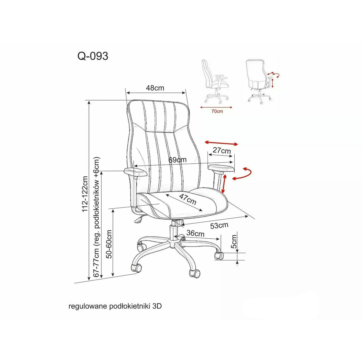 Scaun de birou Q-093 – schiță cu dimensiuni