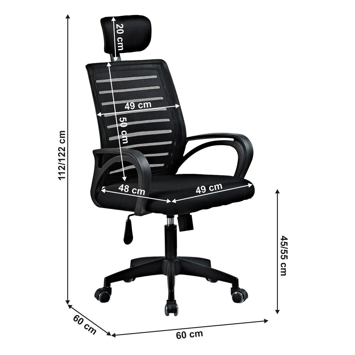 Scaun de birou Tores – schiță cu dimensiuni