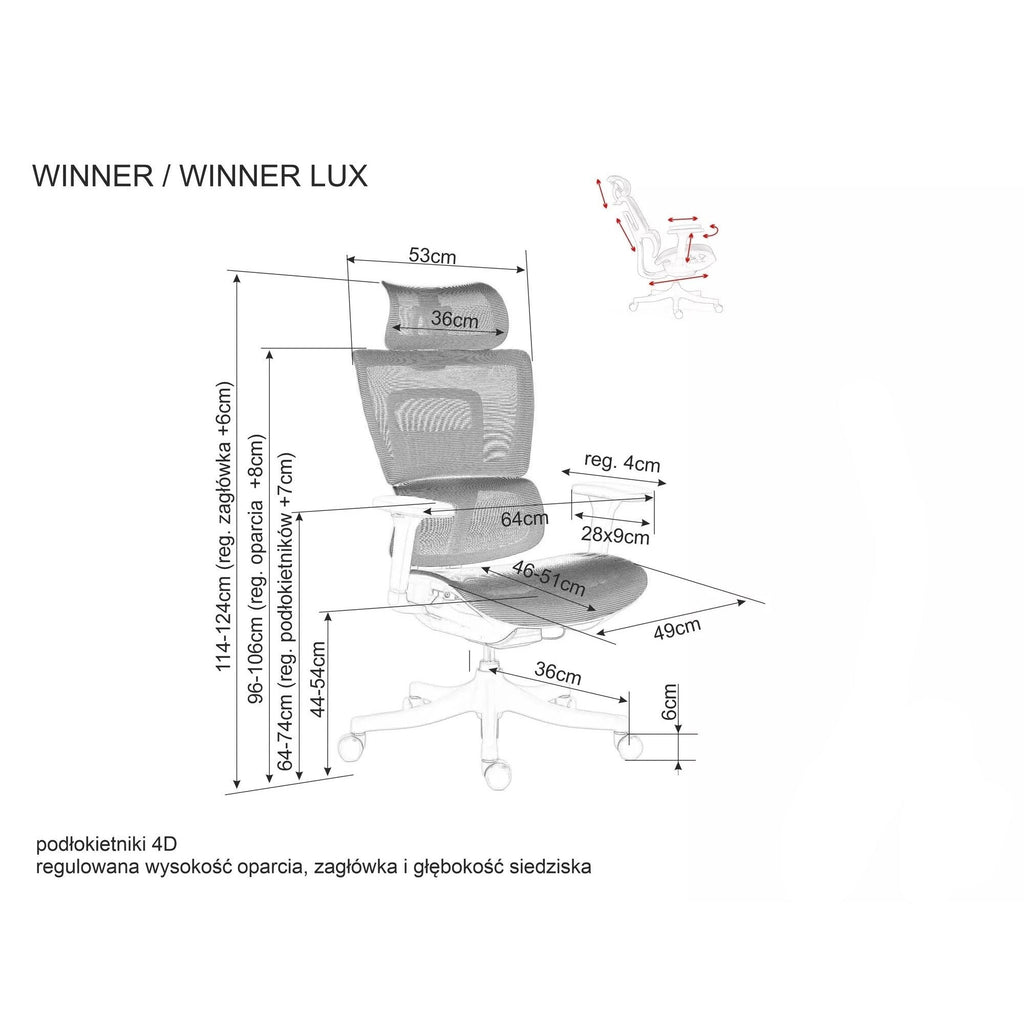 Scaun de birou Winner LUX – schiță cu dimensiuni