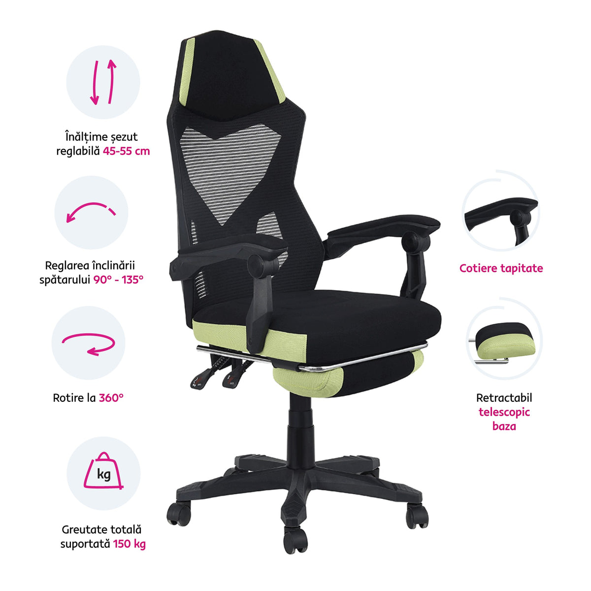 Scaun gaming Jorik – schiță cu dimensiuni