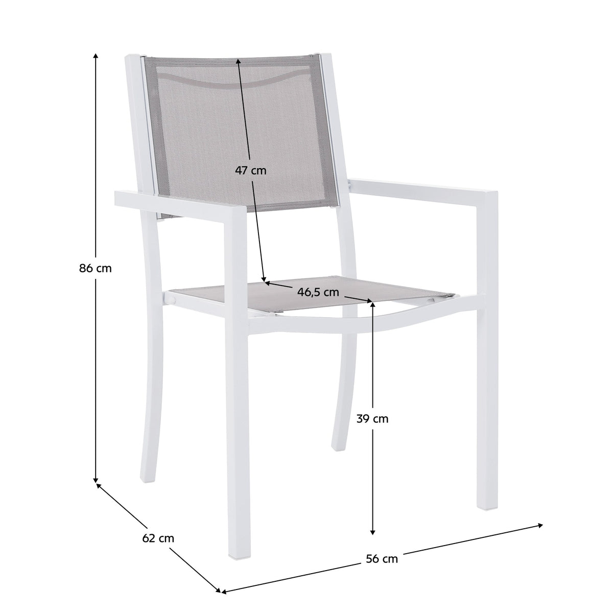 Scaun grădină stivuibil Dorio – schiță cu dimensiuni
