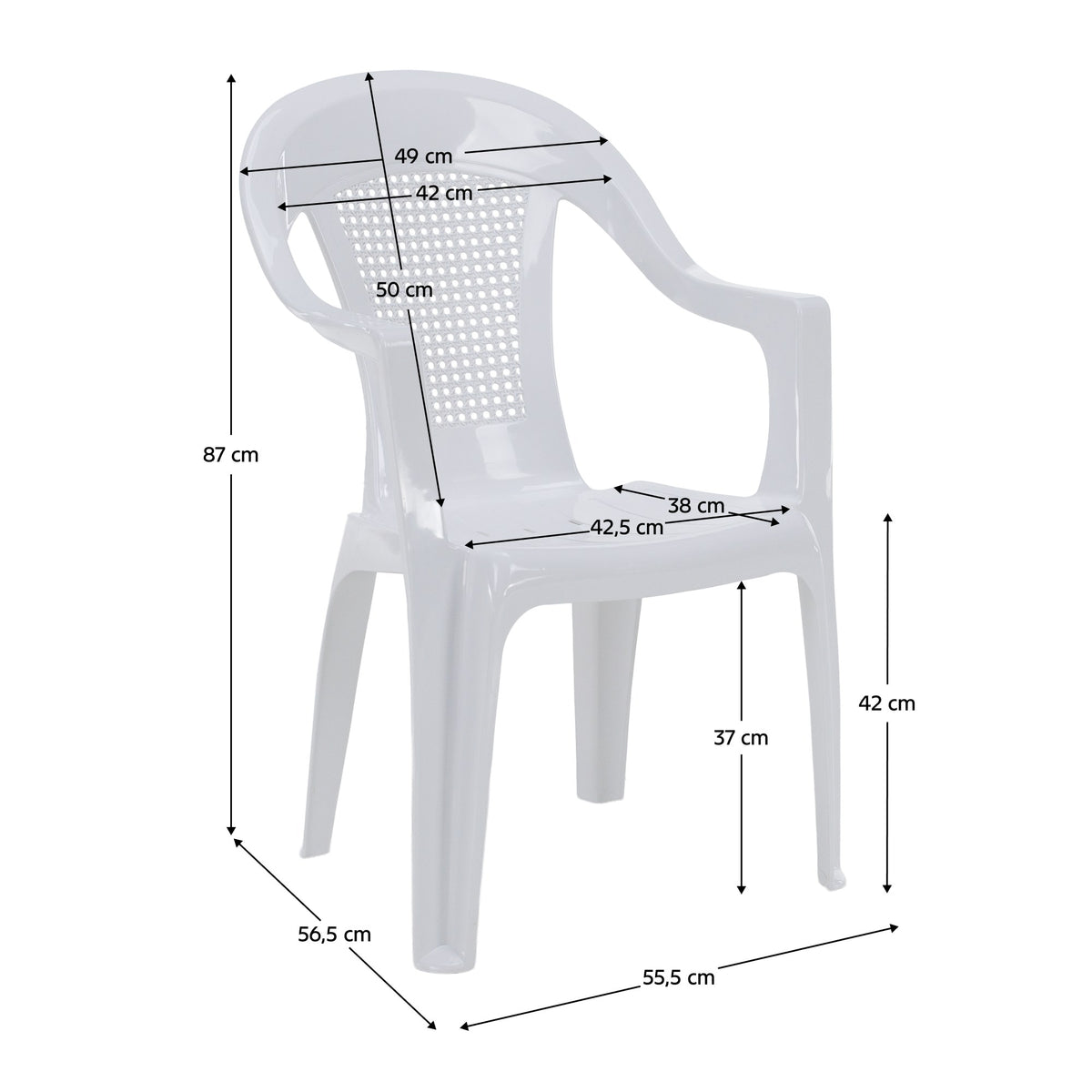 Scaun grădină stivuibil Medro – schiță cu dimensiuni
