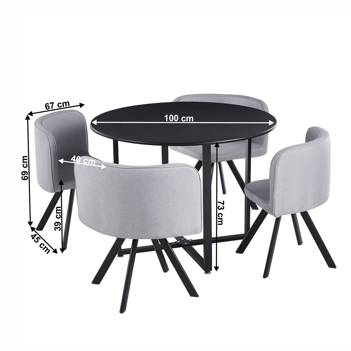 Set masă cu scaune Bevan – schiță cu dimensiuni