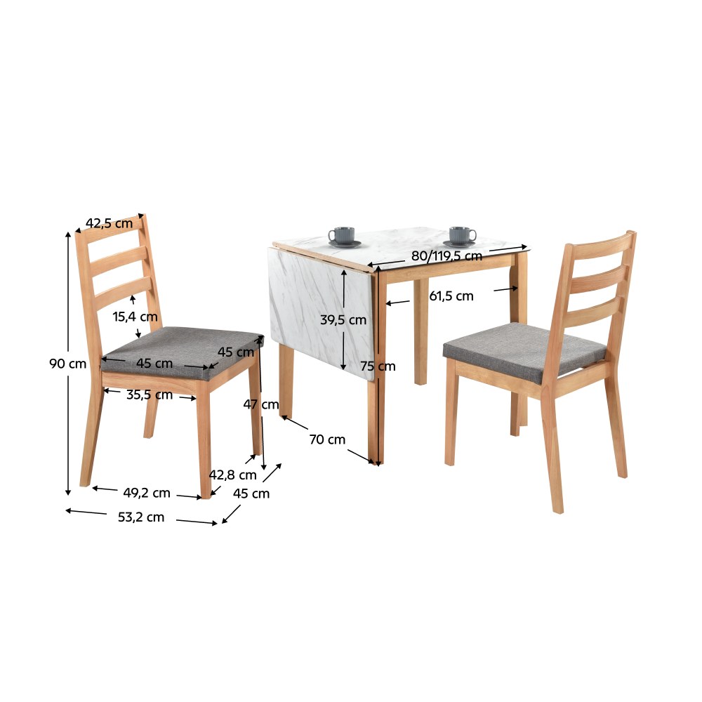 Set masă cu scaune Zorel – schiță cu dimensiuni
