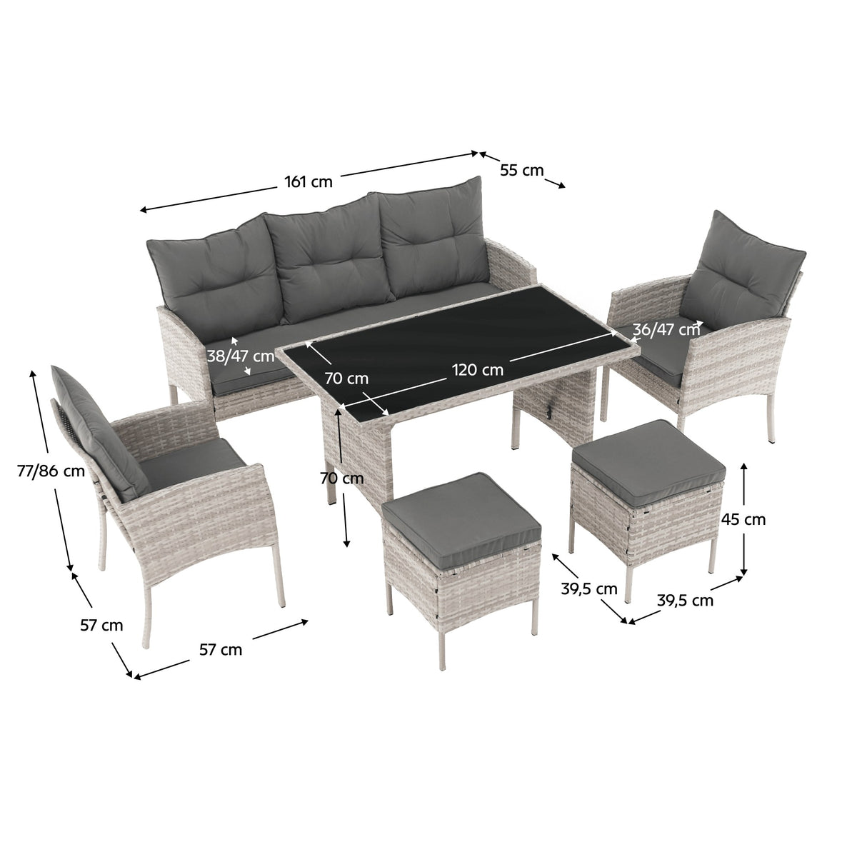 Set mobilier grădină Lalen – schiță cu dimensiuni