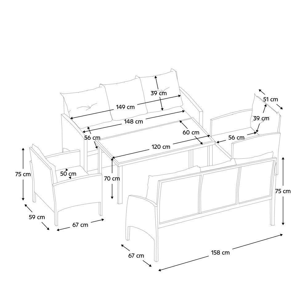 Set mobilier grădină Leron – schiță cu dimensiuni