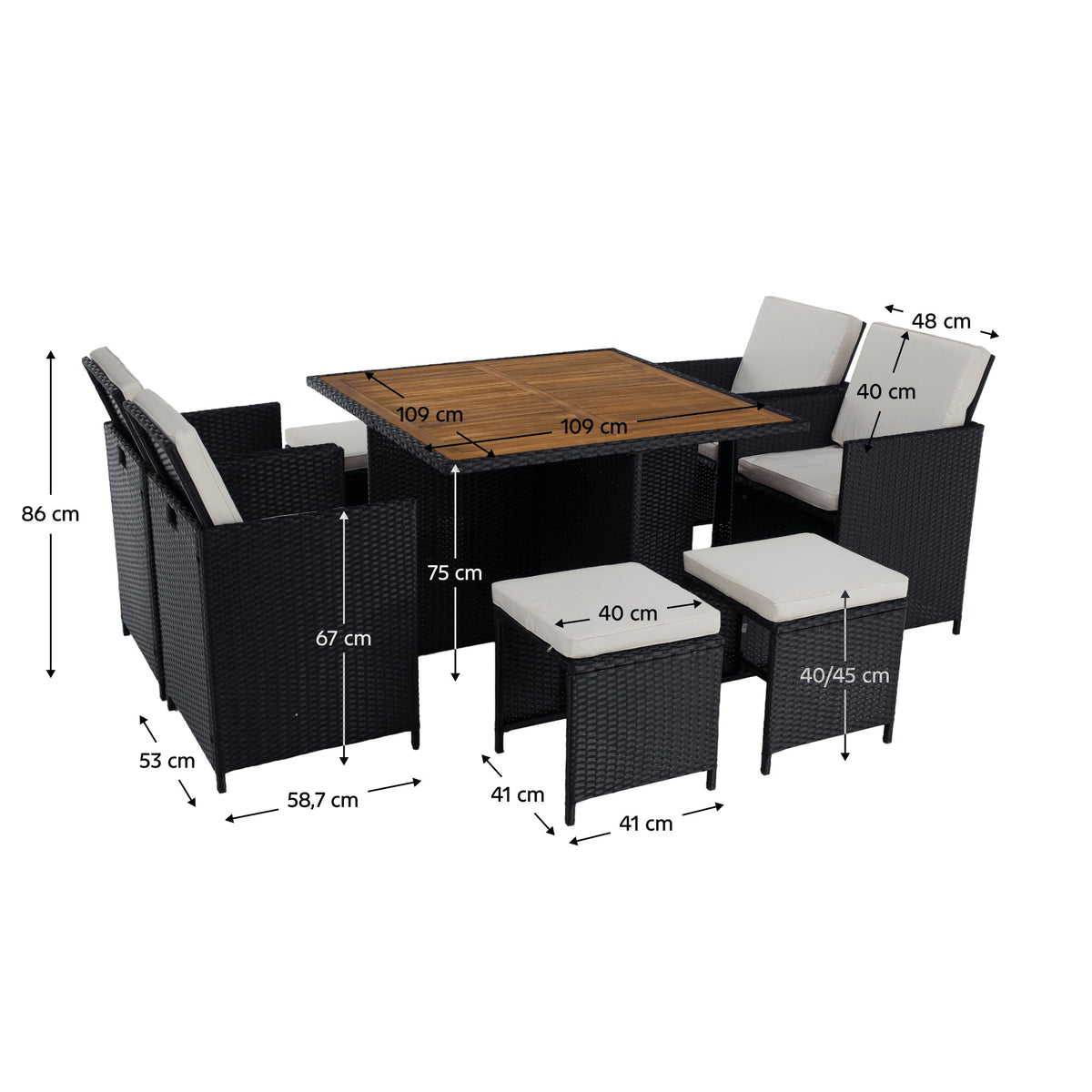 Set mobilier grădină Melford – schiță cu dimensiuni
