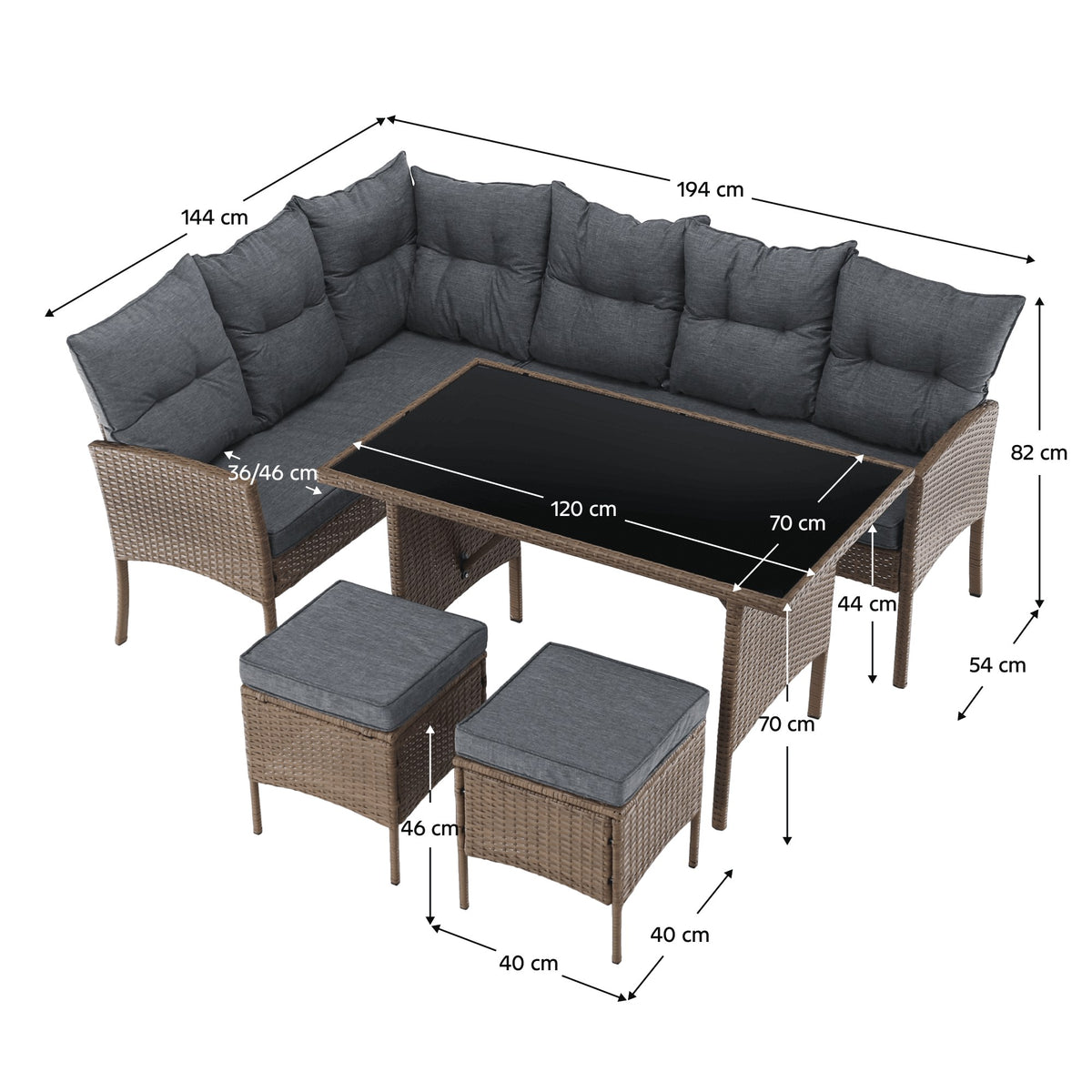 Set mobilier grădină Randi – schiță cu dimensiuni