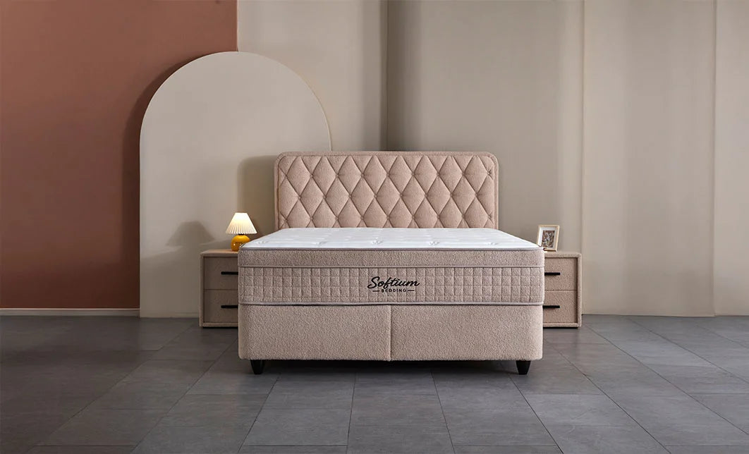 Set pat tapitat cu saltea inclusa, bej, 160x200 cm, Prestige