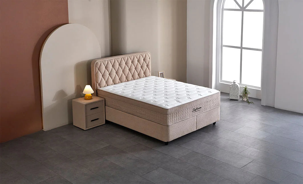 Set pat tapitat cu saltea inclusa, bej, 160x200 cm, Prestige