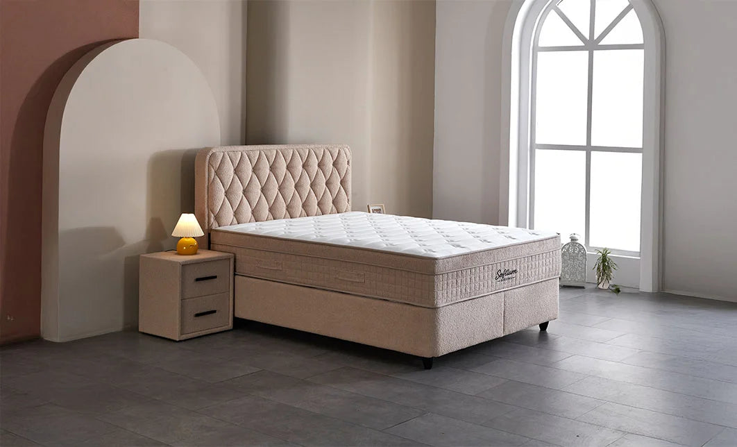 Set pat tapitat cu saltea inclusa, bej, 160x200 cm, Prestige