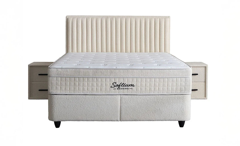Set pat tapitat cu saltea inclusa, alb, 160x200 cm, Arden