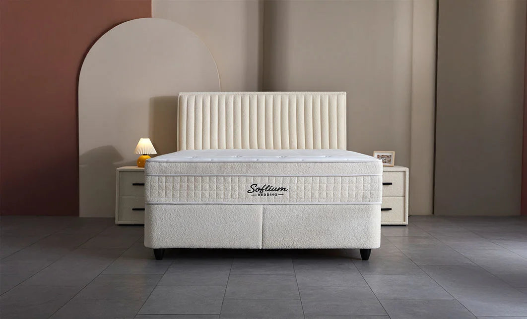 Set pat tapitat cu saltea inclusa, alb, 160x200 cm, Arden