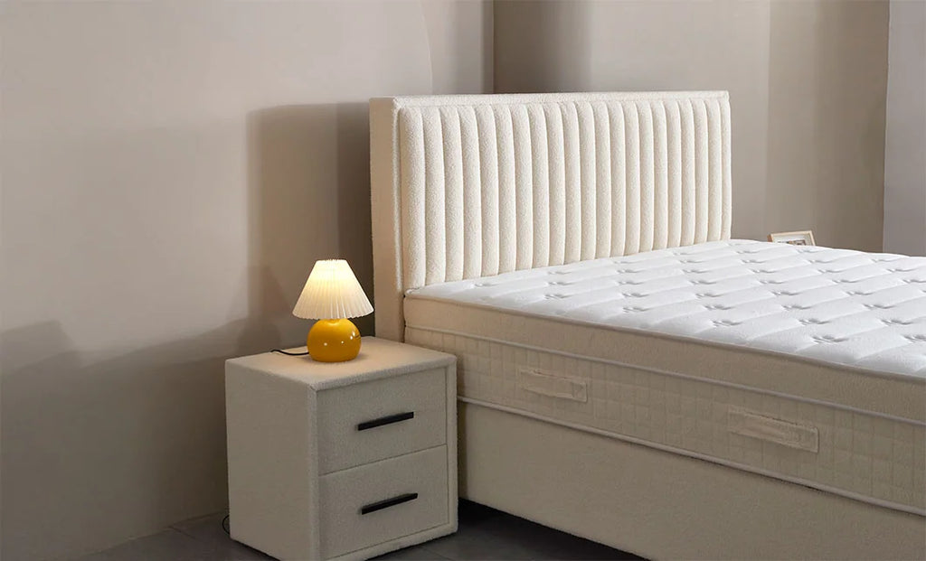 Set pat tapitat cu saltea inclusa, alb, 160x200 cm, Arden