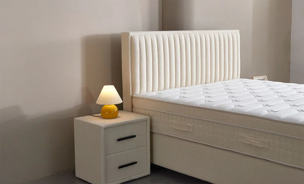 Set pat tapitat cu saltea inclusa, alb, 160x200 cm, Arden