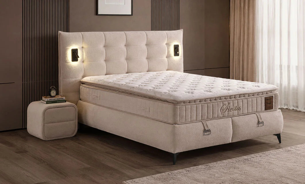 Set pat tapitat cu saltea inclusa, bej, 160x200 cm, Siesta