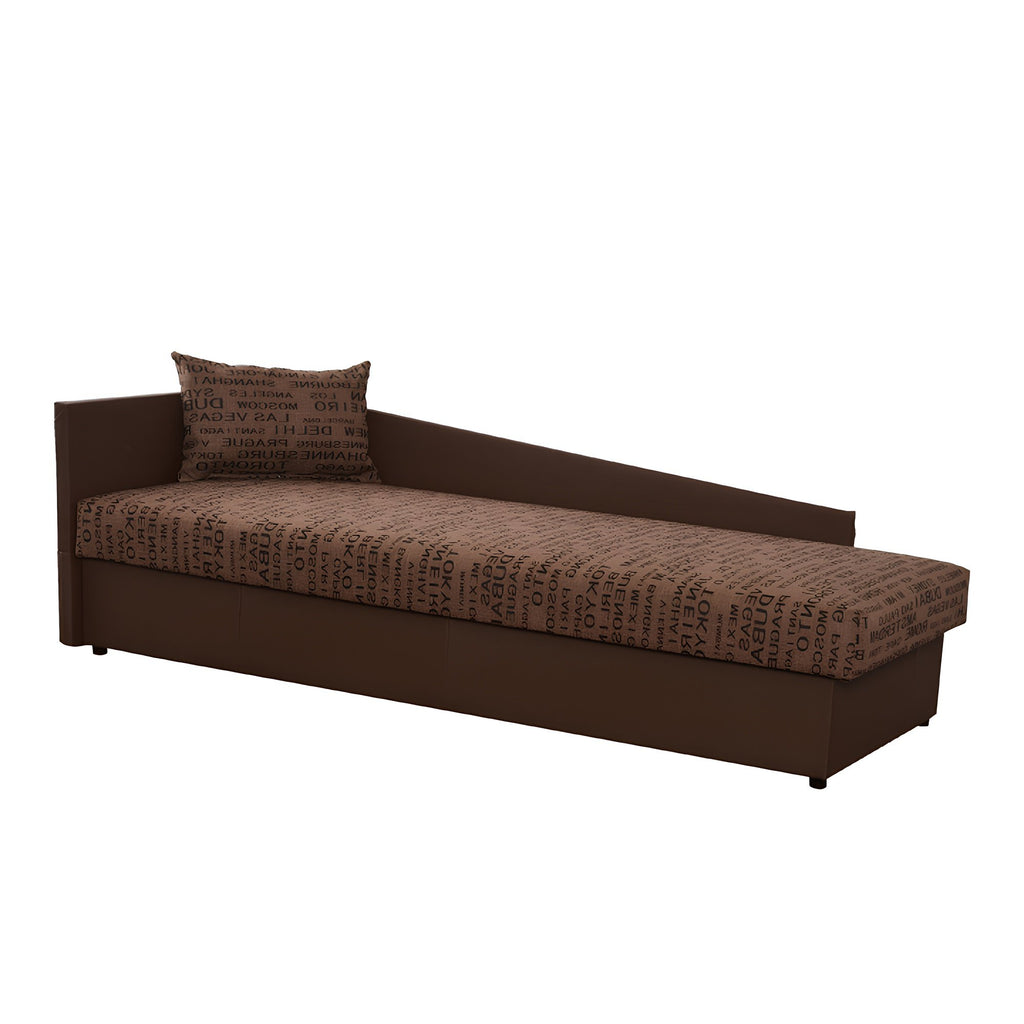 Pat cu spatiu pentru depozitare JUDIT, versiune de stanga, piele eco maro+material cu imprimeu